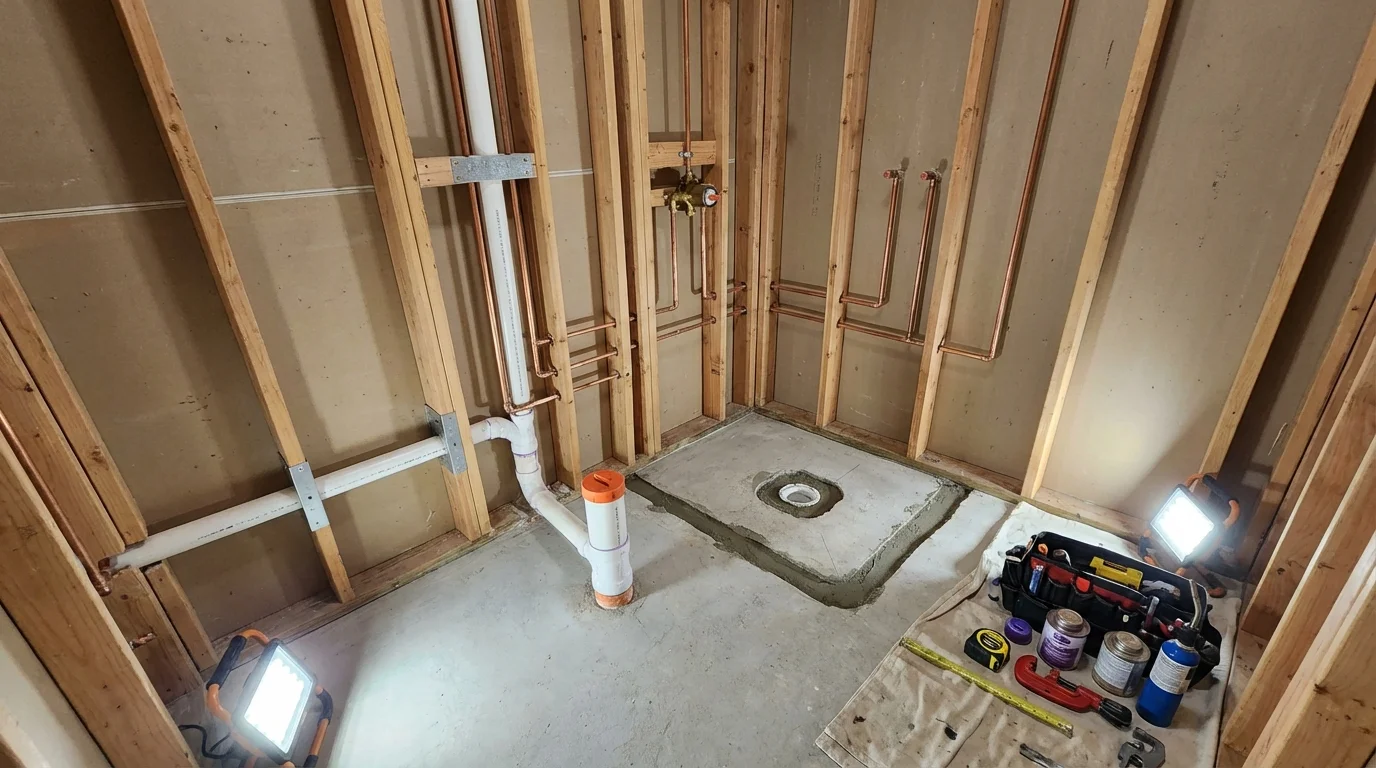 Bathroom rough-in plumbing during remodel by Johns Plumbing LLC in Grandville