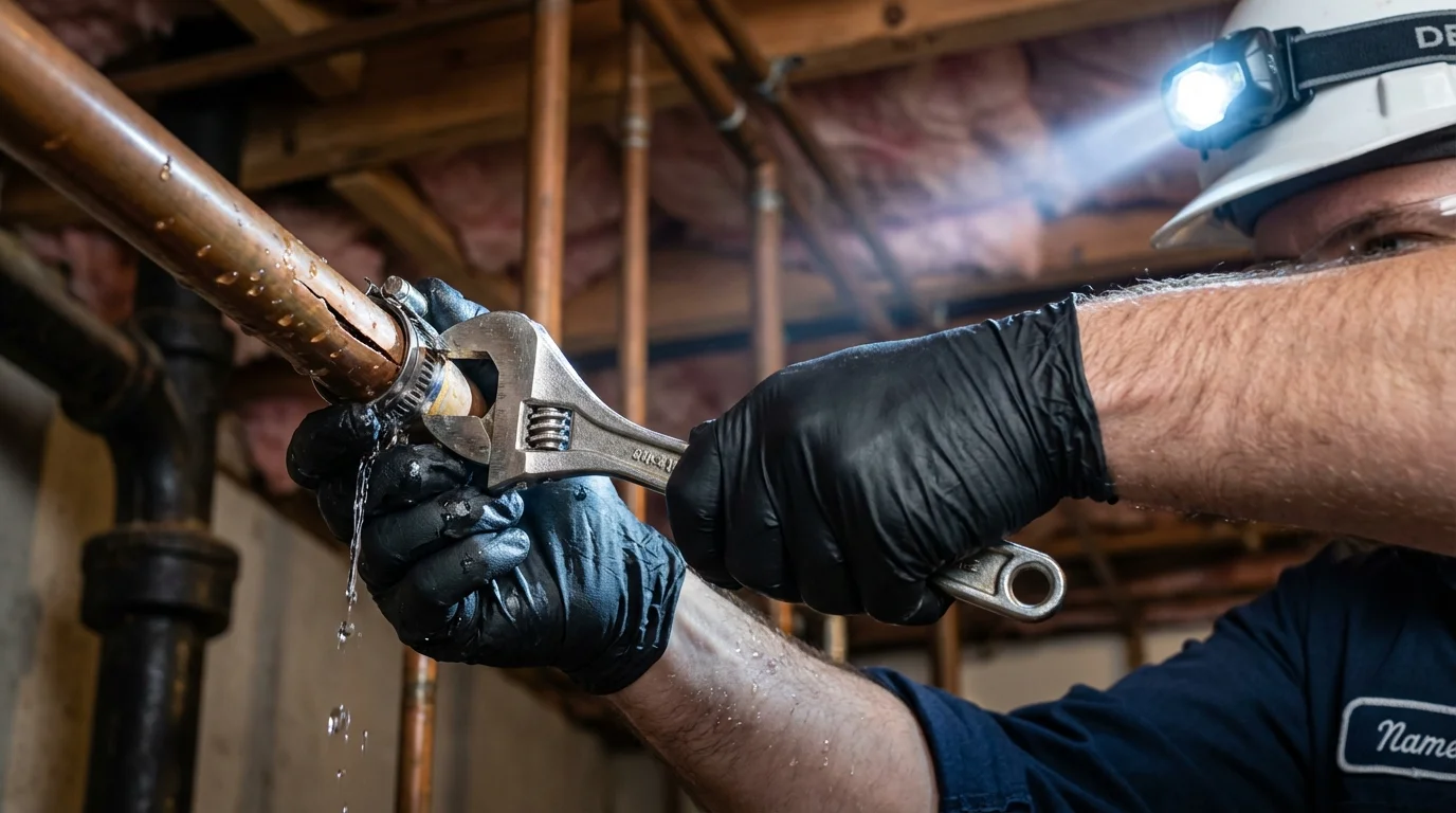 Emergency pipe clamp repair being performed by a Johns Plumbing LLC plumber in Grandville
