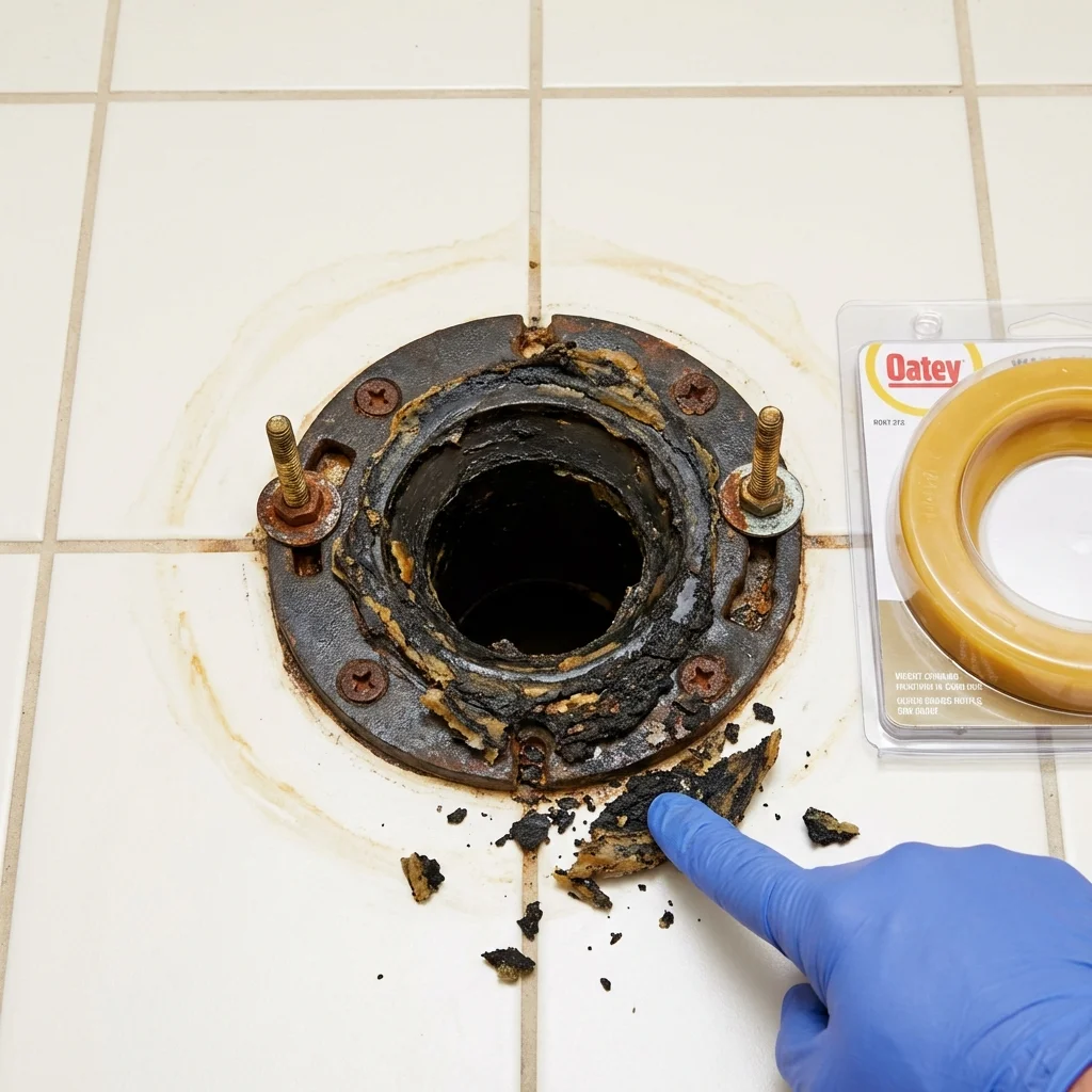 Failed wax ring showing water seepage at the base of a toilet in a Grandville, MI home