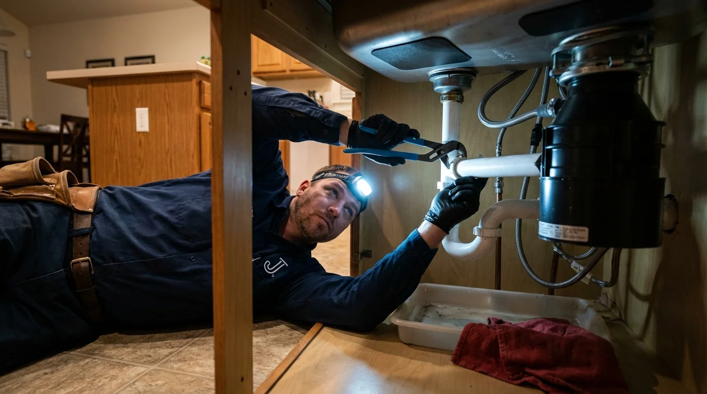 P-trap and supply line connections under a kitchen sink showing a common leak point in Grandville, MI